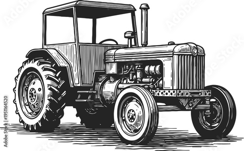 Vintage tractor illustration in black and white, detailed agricultural machinery drawing