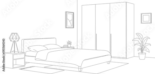 Clean line art illustration depicting a modern bedroom interior layout featuring a cozy bed and essential furniture elements