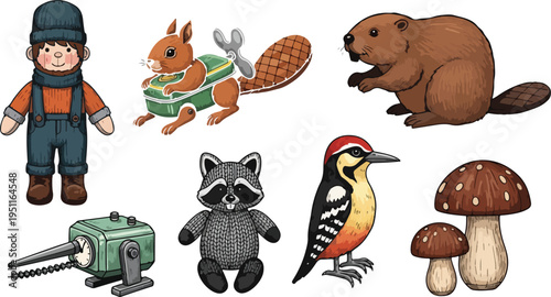 Forest animal and nature toys featuring beaver raccoon squirrel woodpecker mushroom and woodcutter doll on transparent grid
