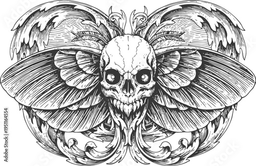 Intricate gothic skull moth illustration with detailed wings and ornamental patterns in monochrome
