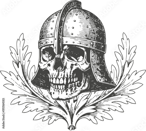 Skull wearing medieval helmet with decorative leaves engraving black and white illustration