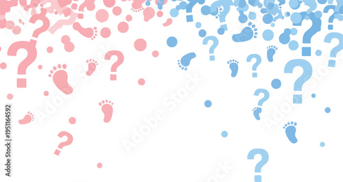 Gender reveal background with pink and blue question marks and baby footprints for pregnancy announcement and baby shower