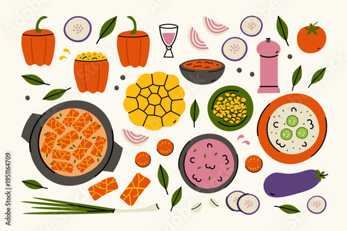 Bulgarian Cuisine. Traditional Balkans food set: sarma, tarator, cabbage rolls, vegetables, pink cold beet soup, bell peppers, tomatoes, eggplant, spices. Vector illustration on isolated background