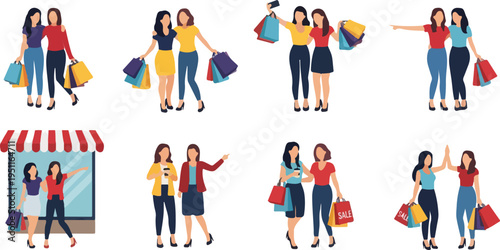 Group of diverse women enjoying shopping together with many colorful bags, sale concept