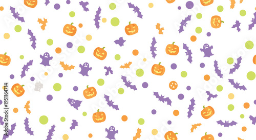 Halloween vector pattern with pumpkins, ghosts, bats, and colorful dots on a transparent background