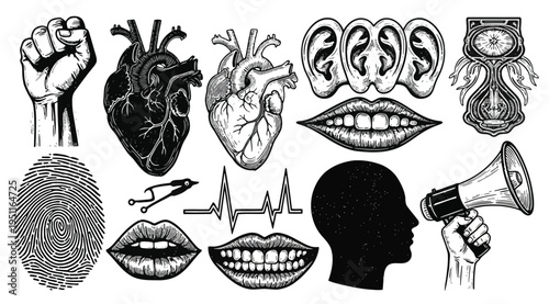 Collection of various human body parts and symbols in black and white on white background