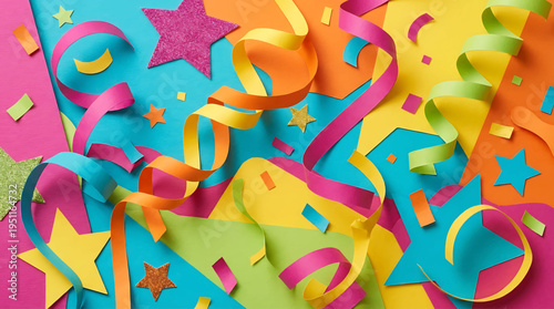 Vibrant and Playful Abstract Background with Colorful Paper Stars, Streamers, and Confetti, Perfect for Festive Celebrations and Joyful Occasions