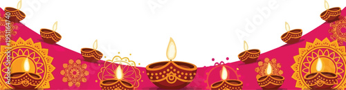 Happy diwali celebration banner design with illuminated oil lamps and decorative mandala patterns on pink background