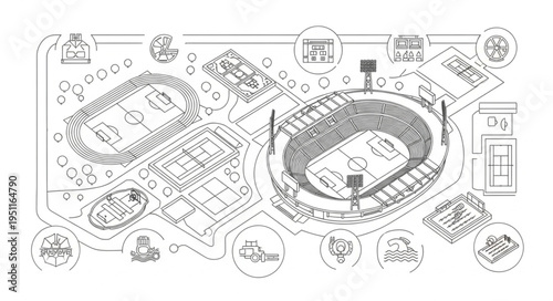 Detailed architectural plan showcasing a sports complex with stadium and facilities.