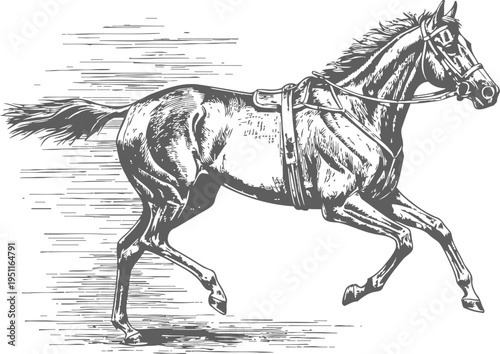 Running horse with saddle galloping fast in motion, vintage equine vector illustration