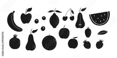 Fruit linocut. Texture fruity silhouettes. Hand drawn aesthetic set with apple, pear, banana, lemon, strawberry, watermelon, cherry. Design for organic food branding, packaging, menu, print, banner