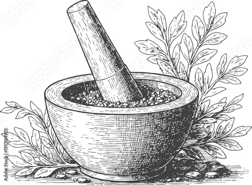 Vintage mortar and pestle with herbs and peppercorns for grinding spices and cooking preparation
