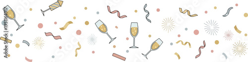 Luxury celebration banner with champagne glasses fireworks and gold ribbons on transparent background for special events