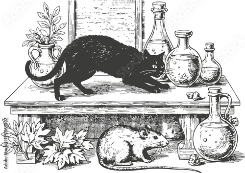 Black cat stretching on table with glass bottles and curious rat below in vintage illustration