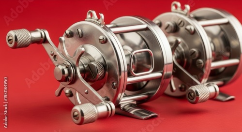 Vintage Fishing Reels on Red Background with Metal Details