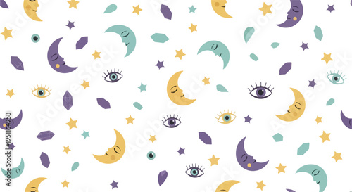 Magic seamless pattern with moon, stars, eyes, and crystals on transparent background