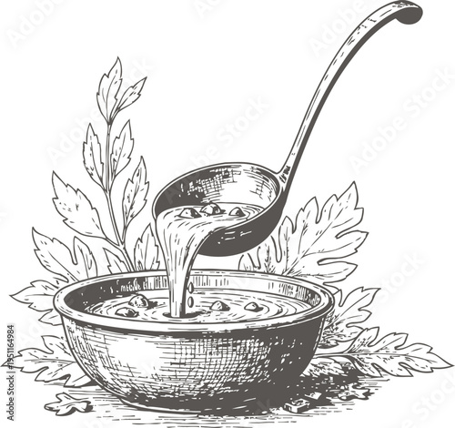 Herbal soup in bowl with ladle pouring broth, hand drawn vintage illustration