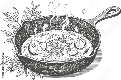 Cast iron skillet with herbs and garlic simmering in broth, vintage cooking illustration