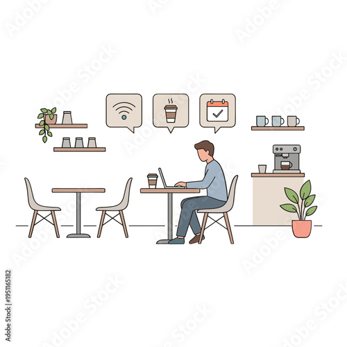 A man works on his laptop at a small table in a modern coffee shop with wifi and a plant.