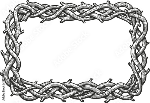 Intricate rectangular thorny vine frame with sharp barbs in detailed black and white line art
