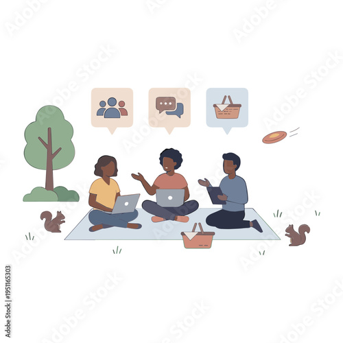 Three people sit on a blanket in a park discussing laptops and snacks