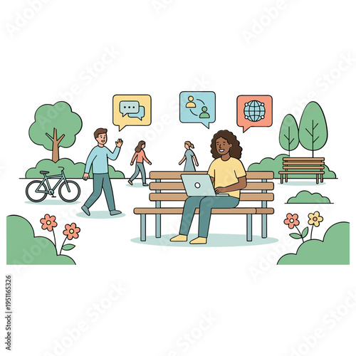 People interact in a park with technology and nature around them.