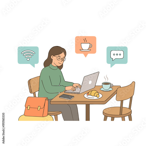 Woman working on laptop with coffee and pastry on table indoors