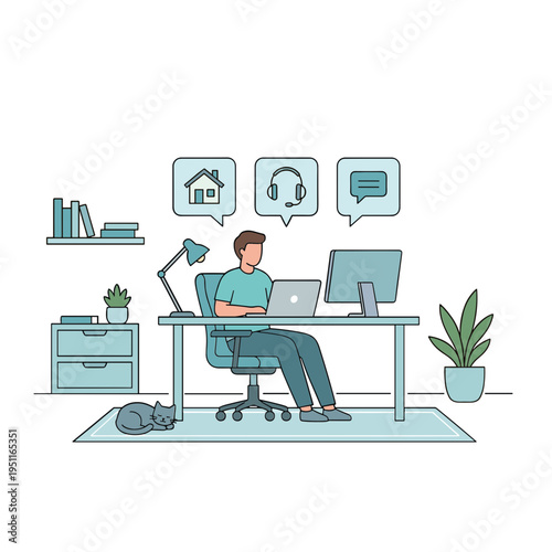 A man works remotely from home office with computer and headset