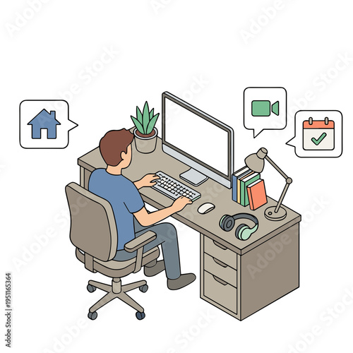 Man working on computer at home office desk with video call