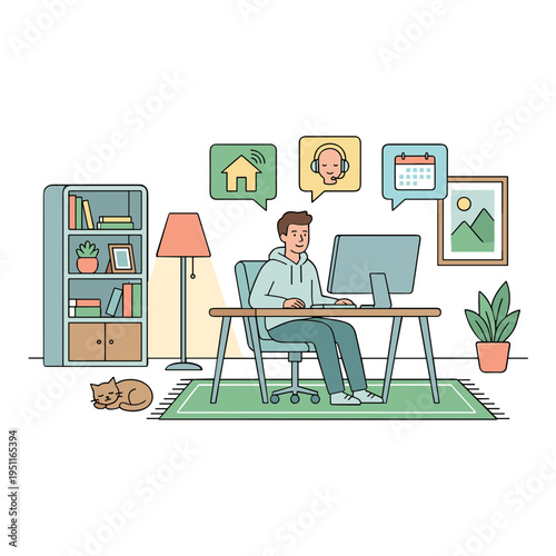 Man working on computer at desk with cat and plants in home office