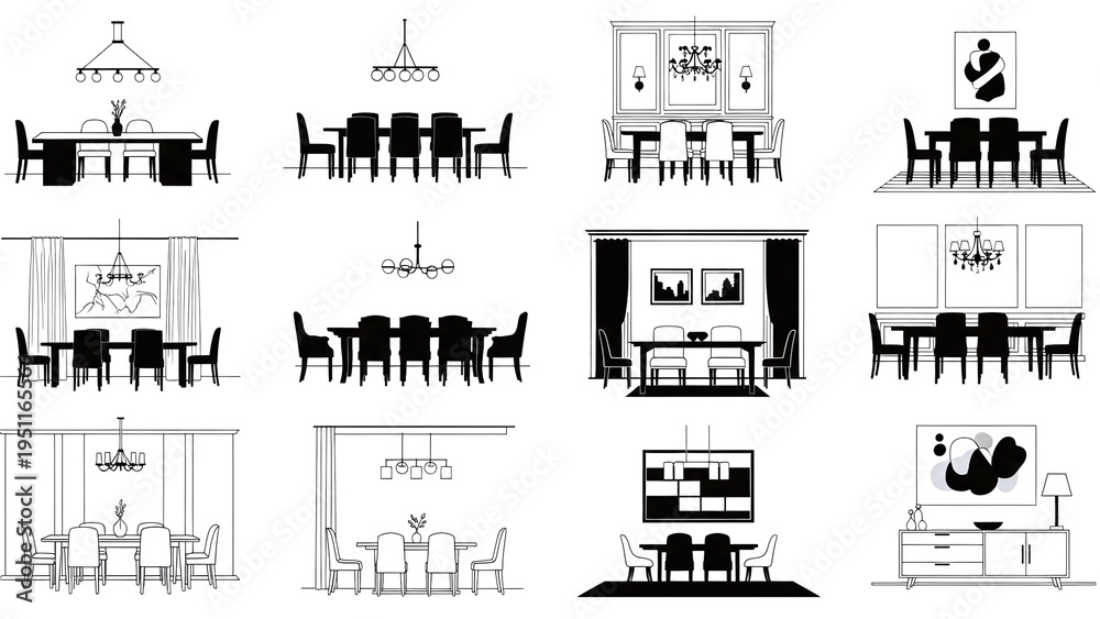 Fototapeta premium A collection of twelve diverse dining room furniture arrangements in minimalist black and white isolated on transparent background