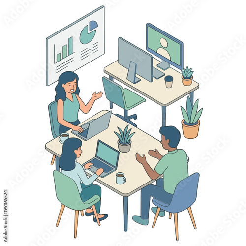 People working together at office desks with computers and laptops