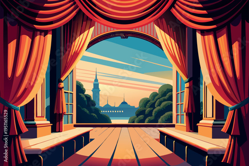 Theatre curtains frame and set in realistic style