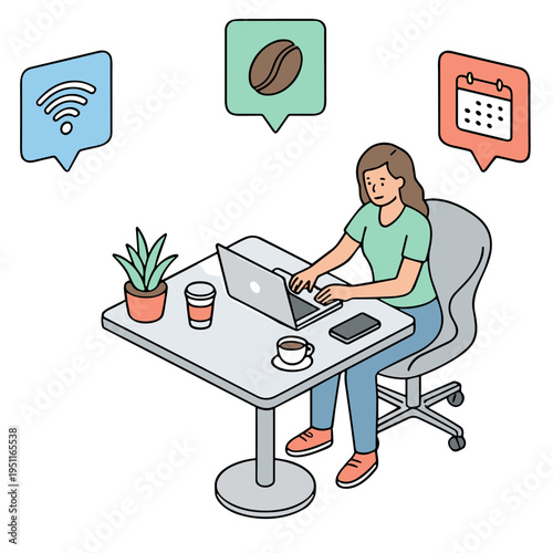 A woman works on her laptop at a desk with a plant and coffee.