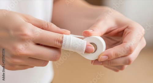 Bandaging a Finger Wound with Adhesive Tape in Close-Up View