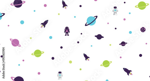 Seamless cosmic vector pattern with planets, spaceships, and astronauts on a transparent background for various projects