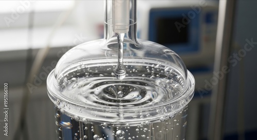 Clear Liquid Droplet Falling into Transparent Container with Bubbles