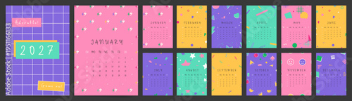 Adorable Playful 2027 Calendar templates. Vibrant colorful geometric pattern monthly pages fun kids modern annual vector layout.