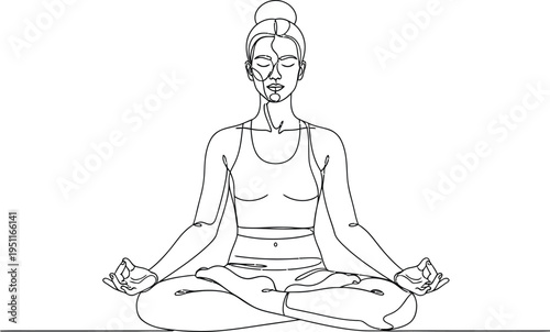 Continuous line drawing of a serene woman practicing yoga and meditation in a peaceful lotus pose, emphasizing mindfulness and relaxation.