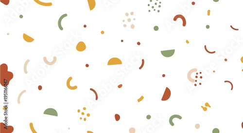Seamless pattern with various abstract shapes, dots, lines, and semicircles in muted warm colors