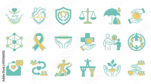 The BOA concept features various icons representing social and health issues with hands, hearts, and symbols on a white background.