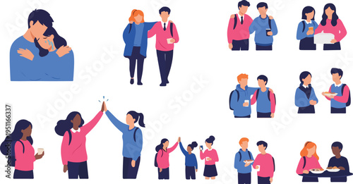 Set of diverse friends and couples spending time together vector illustration isolated on transparent background