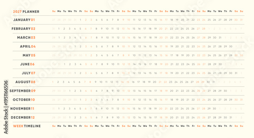2027 Wall Planner Vector Template. Simple Planner 2027 with days and months for habit and task tracking. Horizontal Timeline Planner Printable A3 Vector.