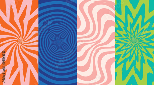 Vibrant psychedelic patterns in orange, blue, pink, and green hues side by side creating a visually striking composition