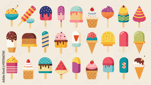 "A professional, high-resolution graphic design collection featuring twenty-seven diverse ice cream and popsicle illustrations, organized in a clean three-row grid and isolated on a solid white backgr