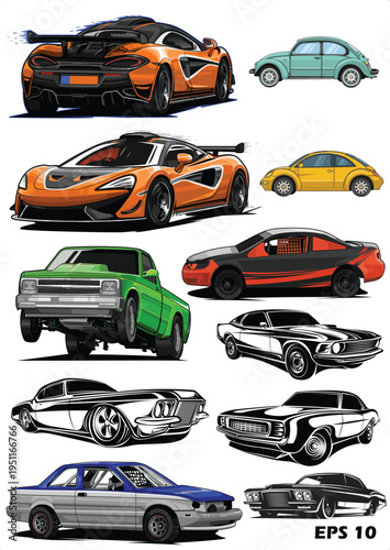 Professional Automotive and Racing Car Vector Illustration Set. Modern Supercars, Classic Muscle Cars, and Custom Racing Vehicles.