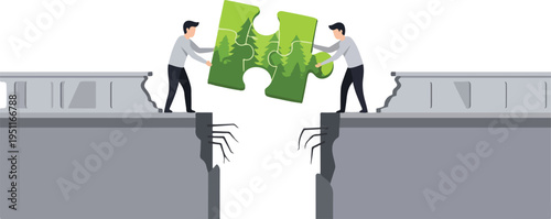 Two people connecting a jigsaw puzzle piece depicting a forest, illustrating environmental problem-solving and collaboration