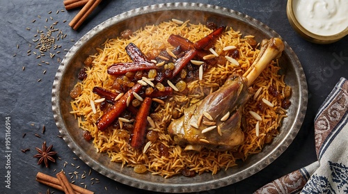 Authentic Afghan Kabuli Pulao with Tender Lamb Shank, Basmati Rice Topped with Caramelized Carrots, Raisins and Sliced Almonds, Traditional Central Asian Cuisine served on Vintage Metal Platter