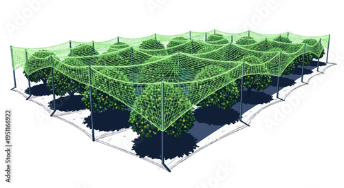 Green Mesh Protection Netting Covering Rows of Lush Bushes Outdoors