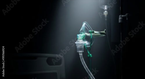 Medical equipment with oxygen mask and nebulizer in dark setting